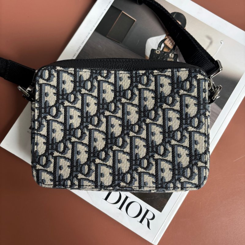 ::Christian Dior::  Oblique 經典緹花布 小牛皮飾邊雙層拉鍊手拿/斜背包 (黑/米)-1