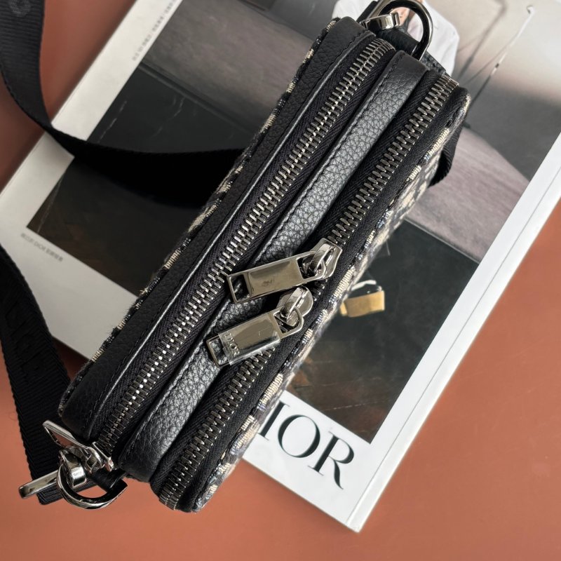 ::Christian Dior::  Oblique 經典緹花布 小牛皮飾邊雙層拉鍊手拿/斜背包 (黑/米)-2