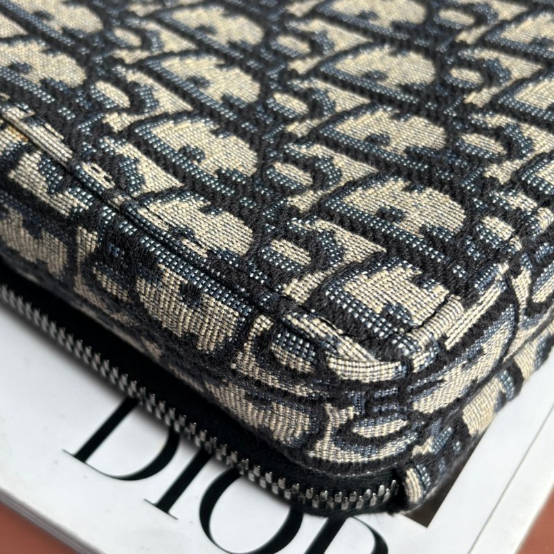 ::Christian Dior::  Oblique 經典緹花布 小牛皮飾邊雙層拉鍊手拿/斜背包 (黑/米)-5