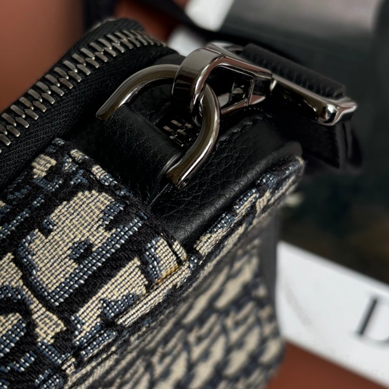 ::Christian Dior::  Oblique 經典緹花布 小牛皮飾邊雙層拉鍊手拿/斜背包 (黑/米)-8