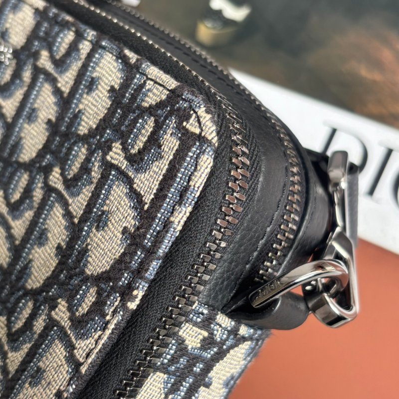 ::Christian Dior::  Oblique 經典緹花布 小牛皮飾邊雙層拉鍊手拿/斜背包 (黑/米)-9