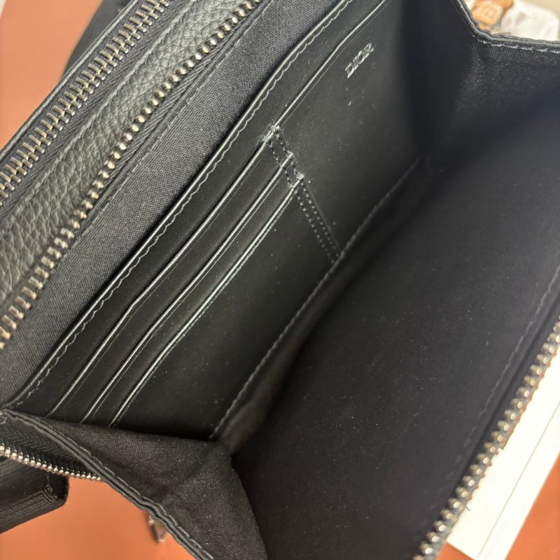 ::Christian Dior::  Oblique 經典緹花布 小牛皮飾邊雙層拉鍊手拿/斜背包 (黑/米)-11