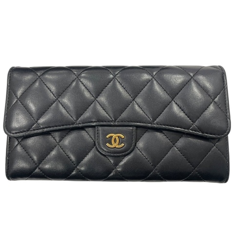 CHANEL 香奈兒 MATELASSE 長夾 羊皮 黑色 金釦