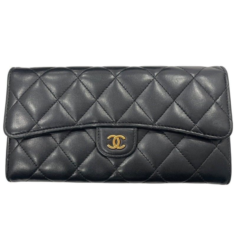 CHANEL 香奈兒 MATELASSE 長夾 羊皮 黑色 金釦-0