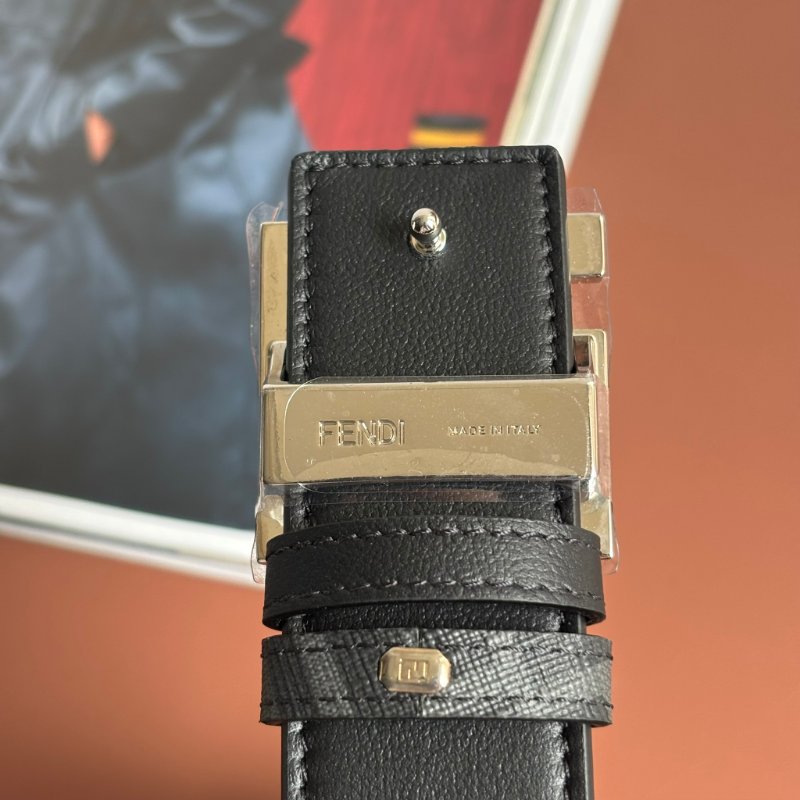 ::FENDI:: 滿版 FF圓形皮帶 黑色皮革雙面皮帶 腰帶 110 公分-5