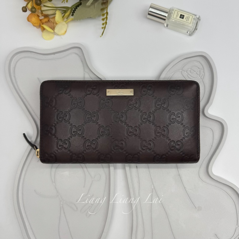 GUCCI 古馳 GG 壓紋金屬LOGO小牛皮深咖啡色長夾-0