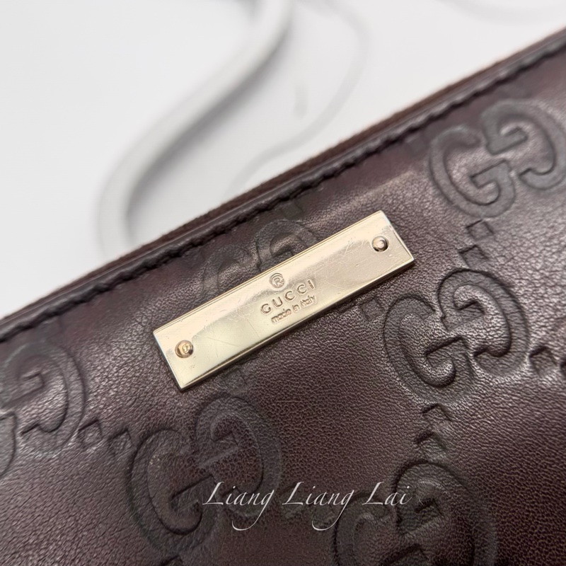 GUCCI 古馳 GG 壓紋金屬LOGO小牛皮深咖啡色長夾-4