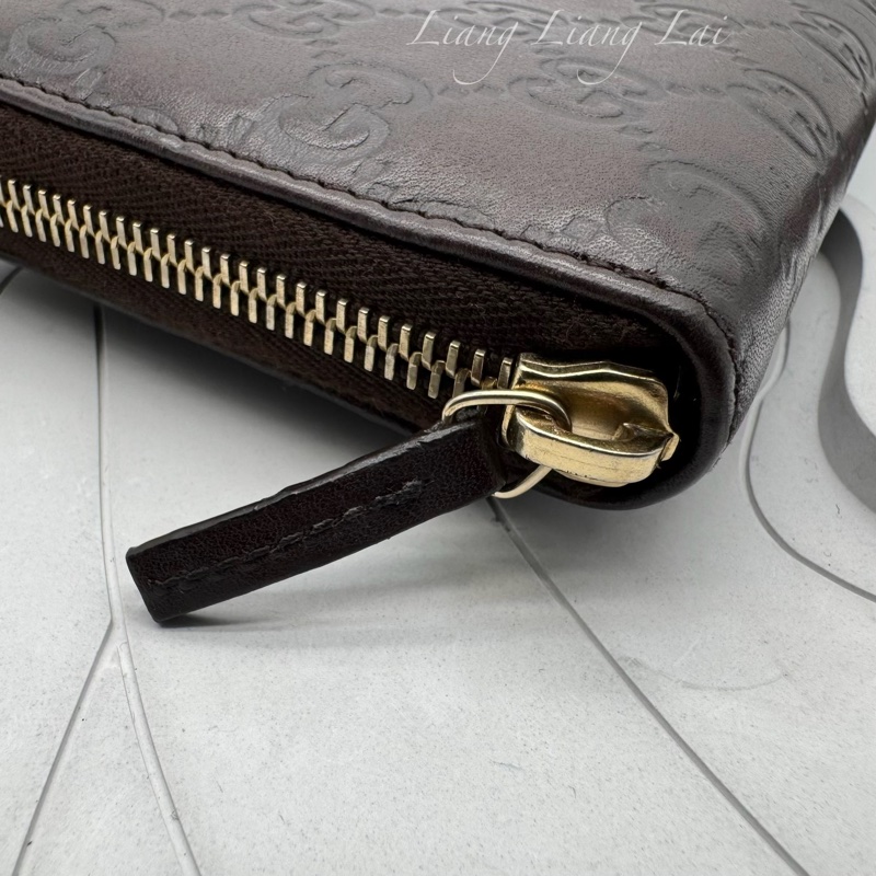 GUCCI 古馳 GG 壓紋金屬LOGO小牛皮深咖啡色長夾-14