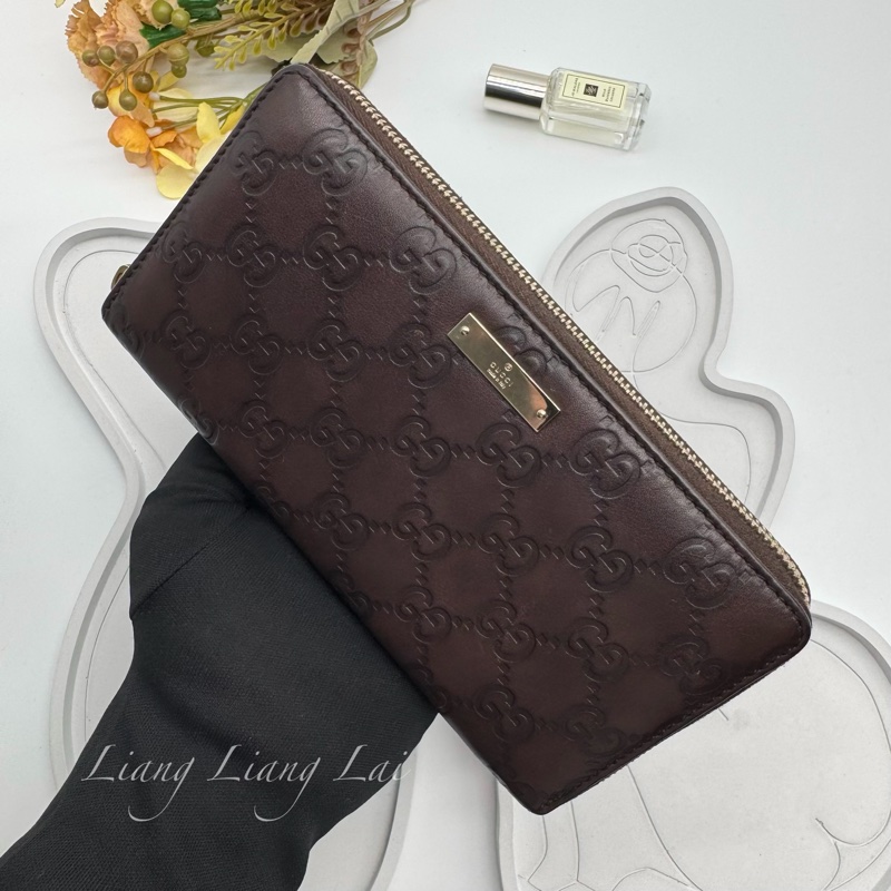 GUCCI 古馳 GG 壓紋金屬LOGO小牛皮深咖啡色長夾-15