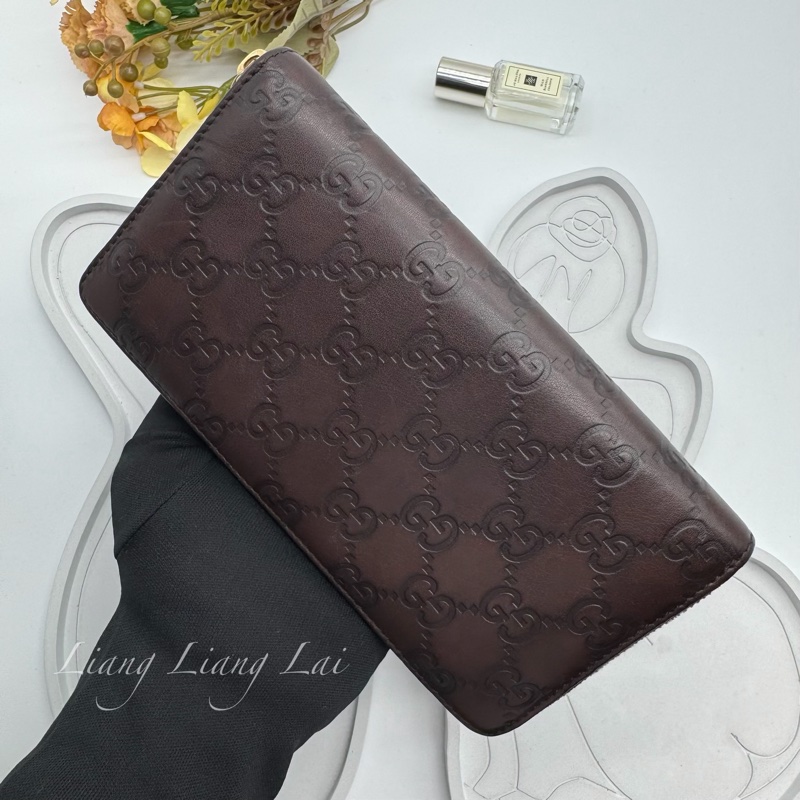 GUCCI 古馳 GG 壓紋金屬LOGO小牛皮深咖啡色長夾-16