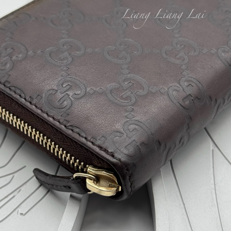 GUCCI 古馳 GG 壓紋金屬LOGO小牛皮深咖啡色長夾-21