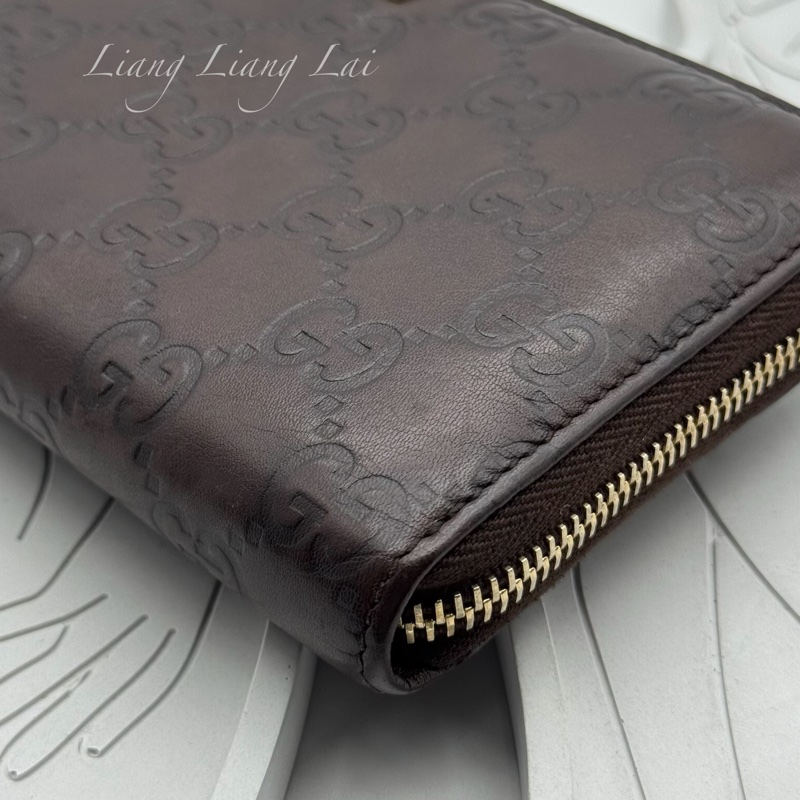 GUCCI 古馳 GG 壓紋金屬LOGO小牛皮深咖啡色長夾-23