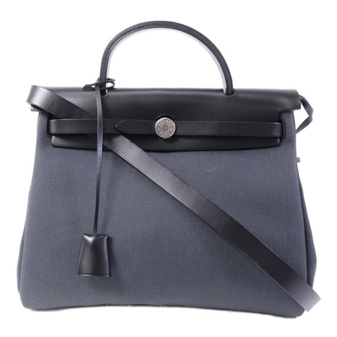 HERMES 皮革/帆布Herbag PM銀扣手挽肩背兩用袋Ardoise