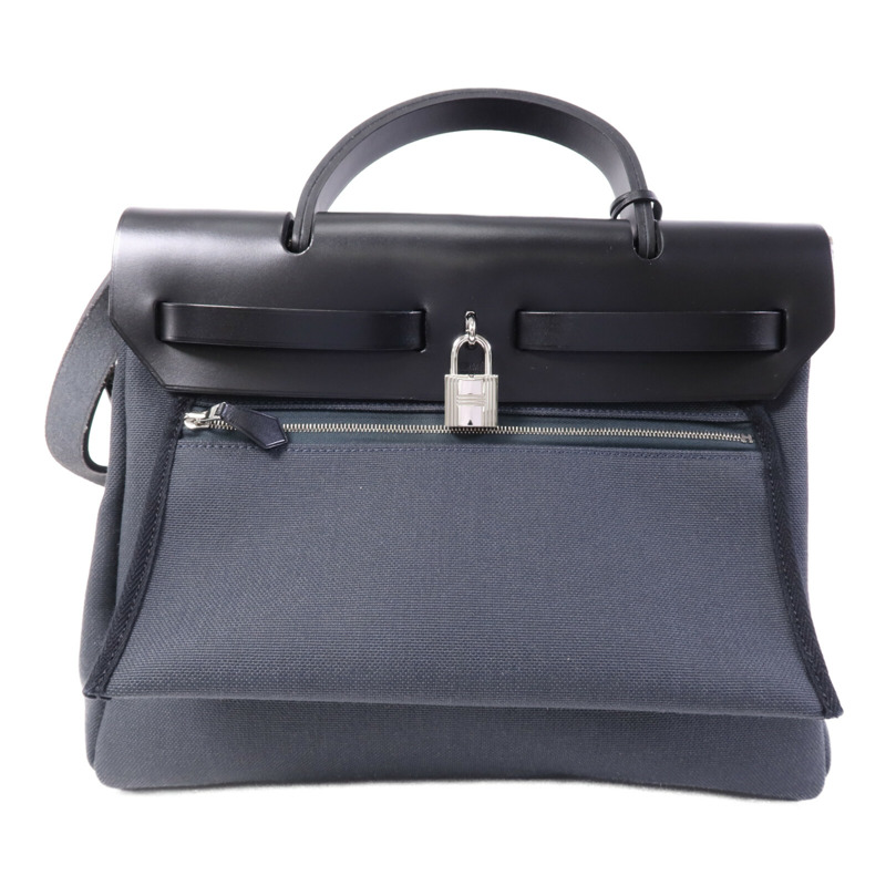HERMES 皮革/帆布Herbag PM銀扣手挽肩背兩用袋Ardoise-1