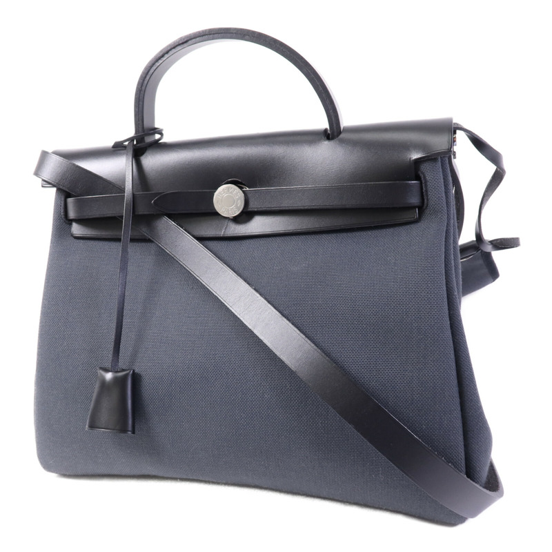 HERMES 皮革/帆布Herbag PM銀扣手挽肩背兩用袋Ardoise-2