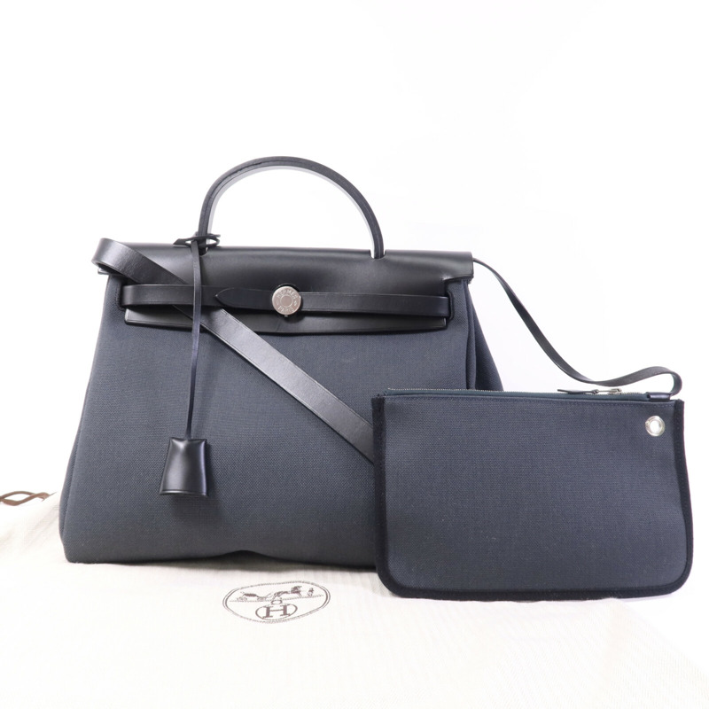 HERMES 皮革/帆布Herbag PM銀扣手挽肩背兩用袋Ardoise-8