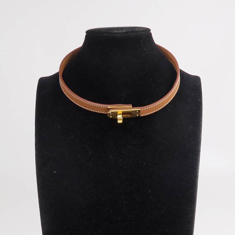 HERMES 牛皮皮革Mini Kelly Choker金扣項鍊Gold-5