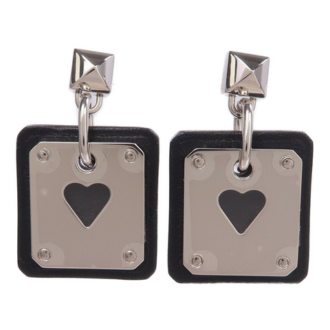 HERMES 牛皮皮革As de Coeur Earrings銀扣耳環Noir