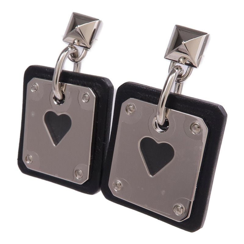 HERMES 牛皮皮革As de Coeur Earrings銀扣耳環Noir-1