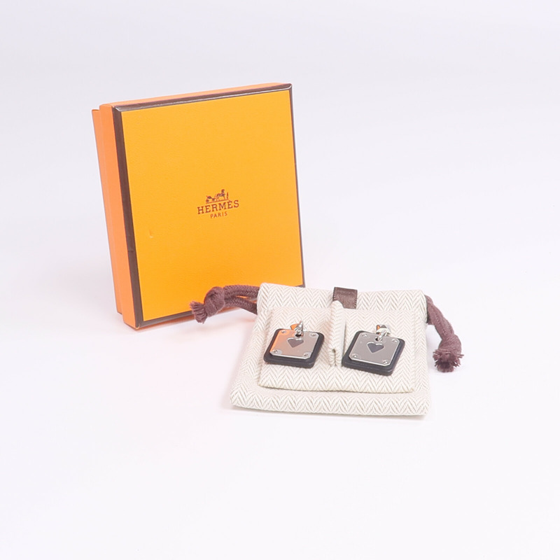 HERMES 牛皮皮革As de Coeur Earrings銀扣耳環Noir-7