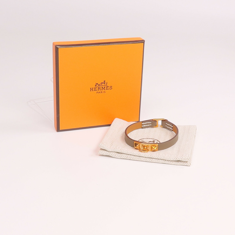 HERMES Swift皮革Rivale Mini Bracelet金扣手帶Etoupe-8