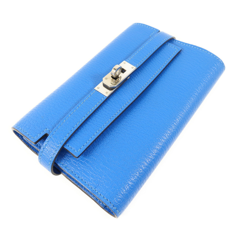 HERMES Chevre皮革Kelly Short Wallet銀扣錢包Bleu Electrique-2