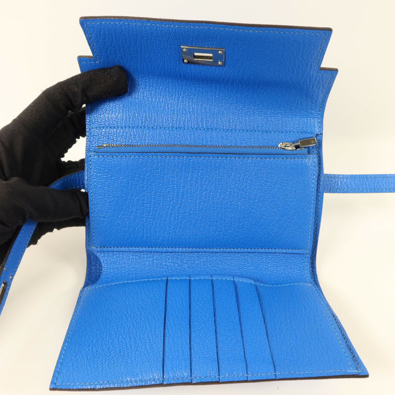 HERMES Chevre皮革Kelly Short Wallet銀扣錢包Bleu Electrique-4