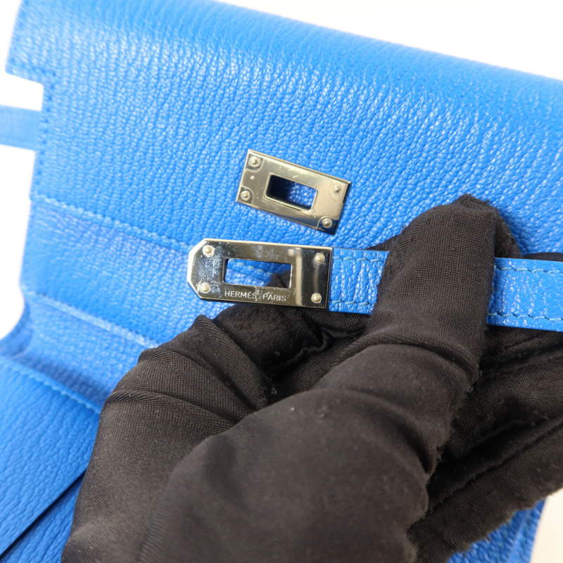 HERMES Chevre皮革Kelly Short Wallet銀扣錢包Bleu Electrique-10