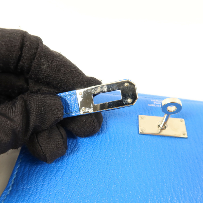 HERMES Chevre皮革Kelly Short Wallet銀扣錢包Bleu Electrique-11
