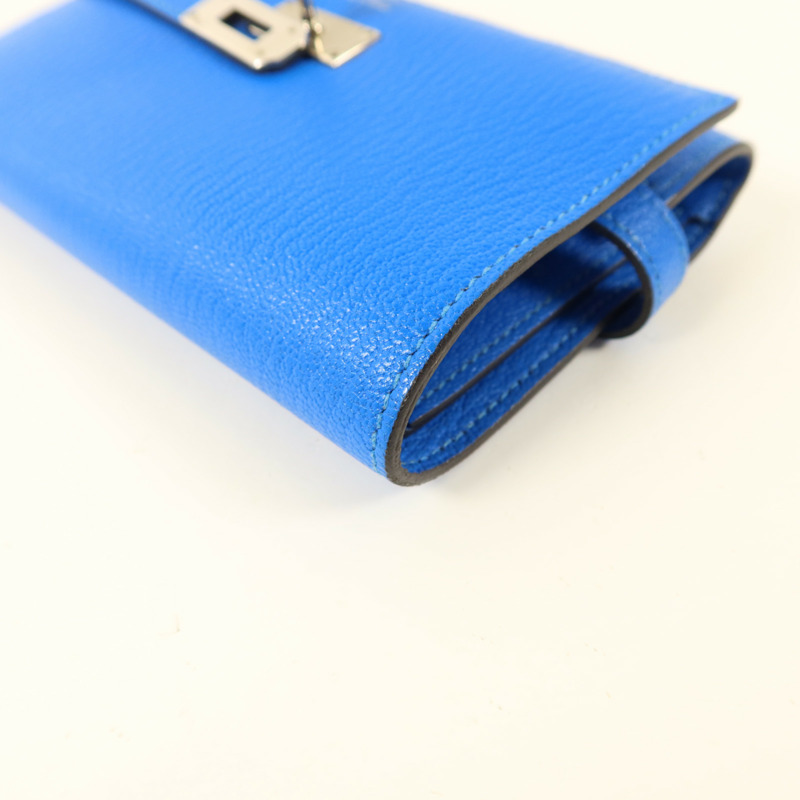 HERMES Chevre皮革Kelly Short Wallet銀扣錢包Bleu Electrique-12