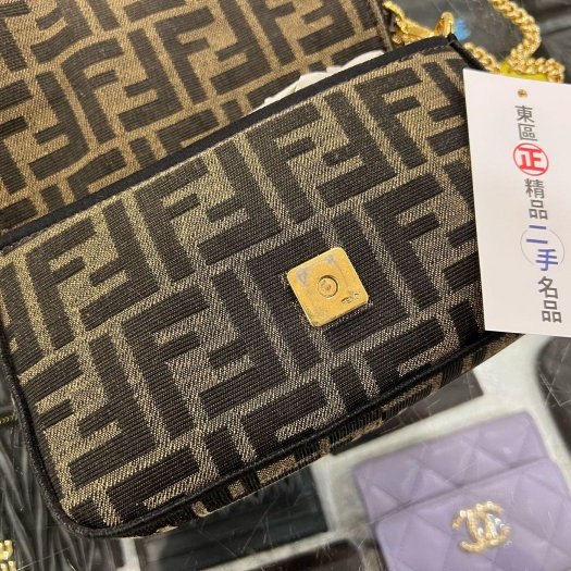 東區正精品㊣FENDI 8BS017 baguette 咖啡色緹花布 FF LOGO 斜背包手提包法棍包兩用包 RZ6329-1