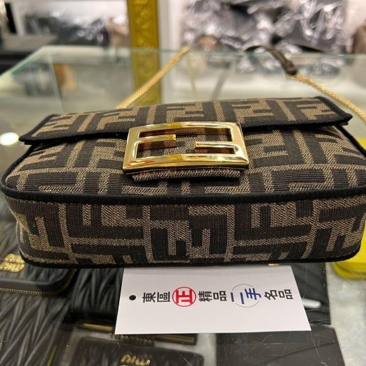 東區正精品㊣FENDI 8BS017 baguette 咖啡色緹花布 FF LOGO 斜背包手提包法棍包兩用包 RZ6329-4