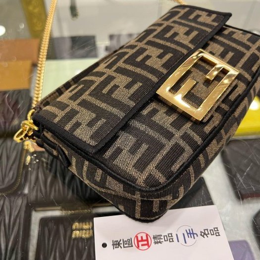 東區正精品㊣FENDI 8BS017 baguette 咖啡色緹花布 FF LOGO 斜背包手提包法棍包兩用包 RZ6329-5