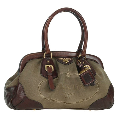 PRADA 手提包 帆布 皮革 金色 米色 正品 ARZ585V