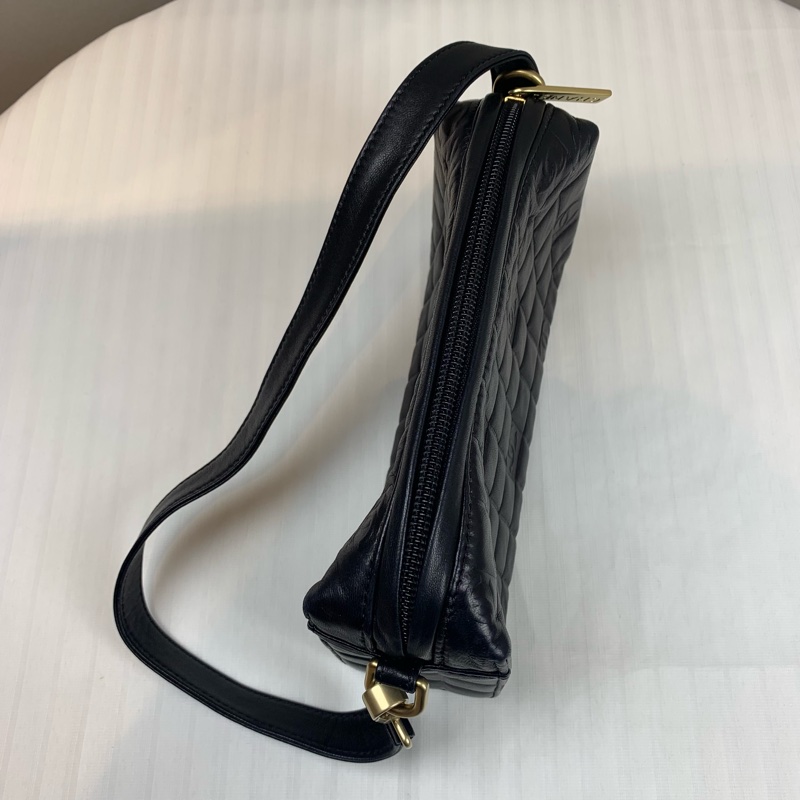 香奈兒/Chanel 金扣黑色冰格紋飯盒腋下包20.5x6.5x10cm-3