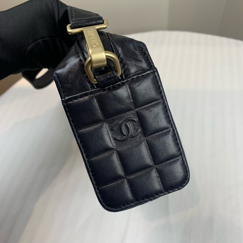 香奈兒/Chanel 金扣黑色冰格紋飯盒腋下包20.5x6.5x10cm-5