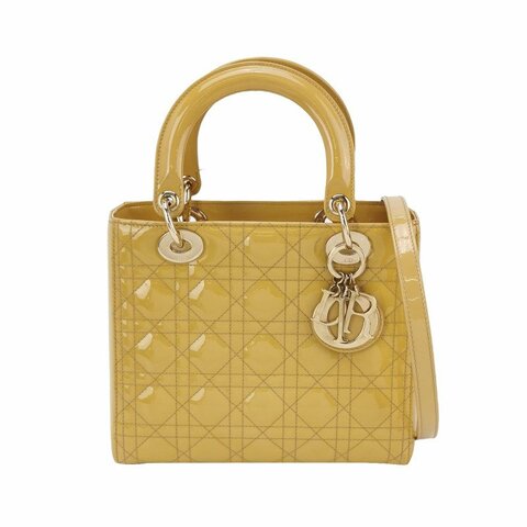 Dior Lady Dior戴妃包款中型漆皮藤格紋字母Logo吊飾單肩包
