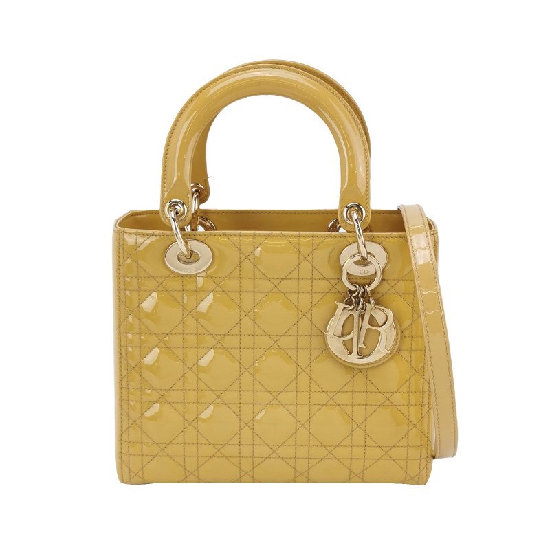 Dior Lady Dior戴妃包款中型漆皮藤格紋字母Logo吊飾單肩包-0