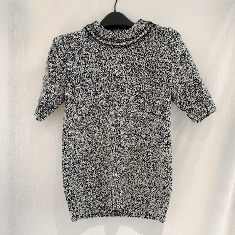 路易威登/Louis Vuitton 黑白針織短袖毛衣T恤 串珠裝飾肩扣 S碼-0