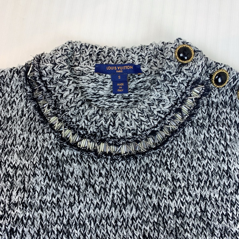 路易威登/Louis Vuitton 黑白針織短袖毛衣T恤 串珠裝飾肩扣 S碼-2