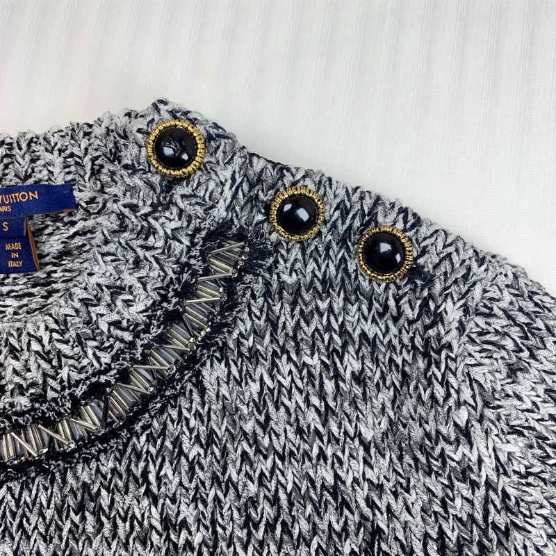 路易威登/Louis Vuitton 黑白針織短袖毛衣T恤 串珠裝飾肩扣 S碼-3