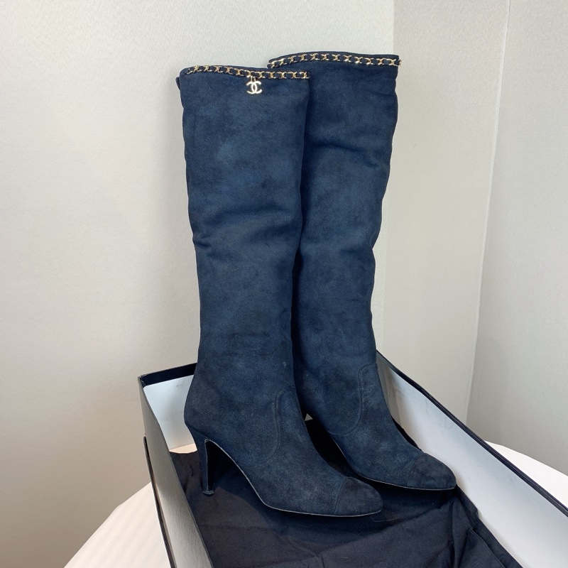 香奈兒/Chanel 金扣黑色麂皮細跟長筒靴 跟高約7公分 37碼 配件：盒子，塵袋，替換鞋跟釘-1