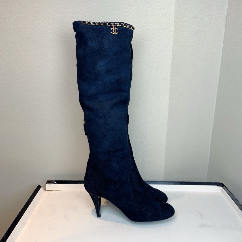 香奈兒/Chanel 金扣黑色麂皮細跟長筒靴 跟高約7公分 37碼 配件：盒子，塵袋，替換鞋跟釘-2