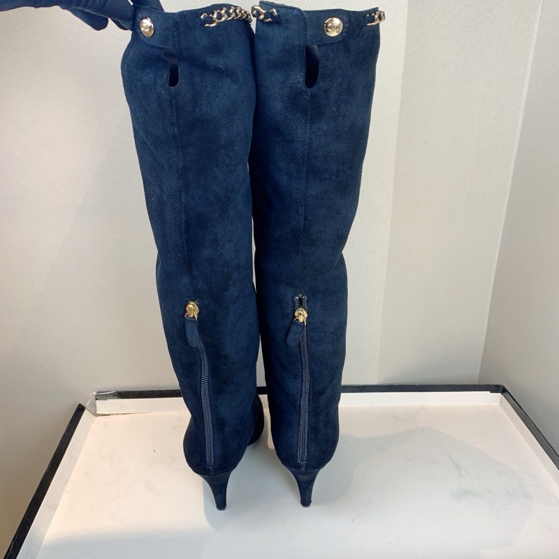 香奈兒/Chanel 金扣黑色麂皮細跟長筒靴 跟高約7公分 37碼 配件：盒子，塵袋，替換鞋跟釘-3