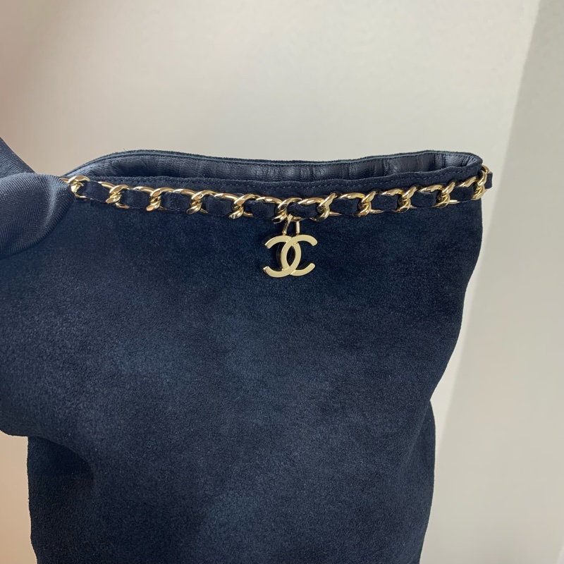 香奈兒/Chanel 金扣黑色麂皮細跟長筒靴 跟高約7公分 37碼 配件：盒子，塵袋，替換鞋跟釘-4