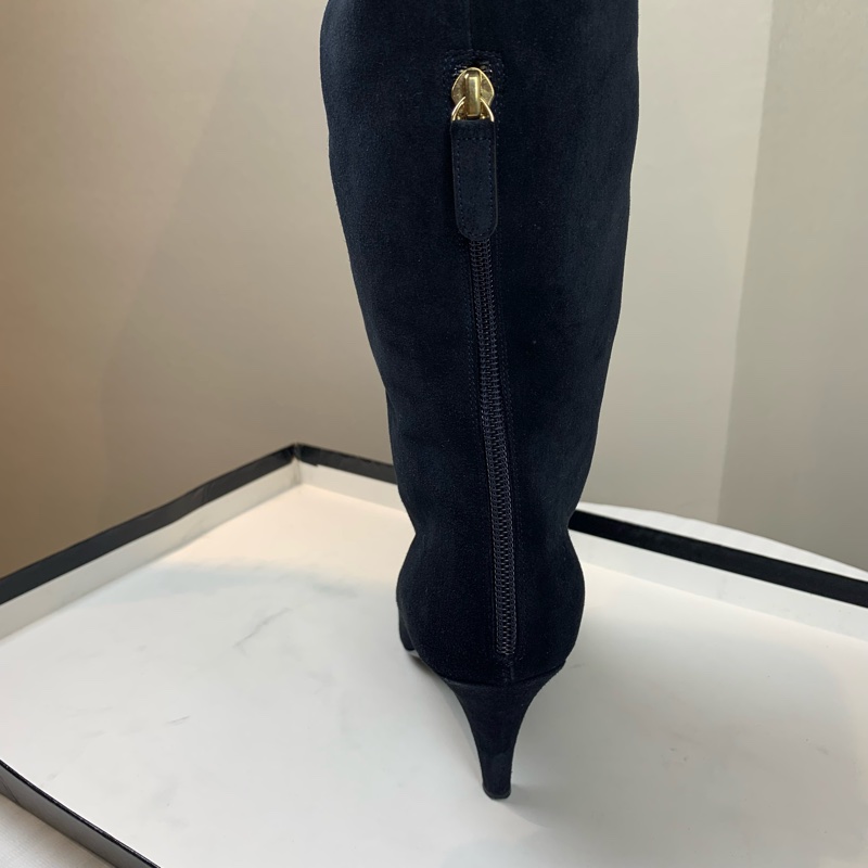 香奈兒/Chanel 金扣黑色麂皮細跟長筒靴 跟高約7公分 37碼 配件：盒子，塵袋，替換鞋跟釘-6