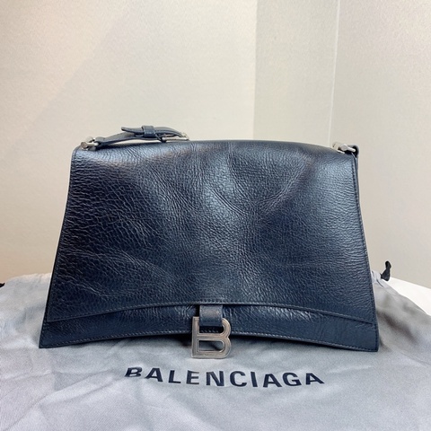 巴黎世家/Balenciaga Crush黑色銀扣沙漏包 紙感牛皮油蠟皮 中號 32x10x20cm