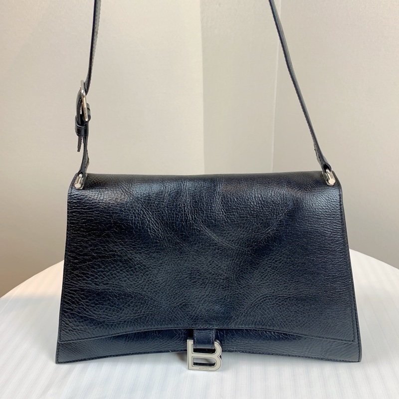 巴黎世家/Balenciaga Crush黑色銀扣沙漏包 紙感牛皮油蠟皮 中號 32x10x20cm-1