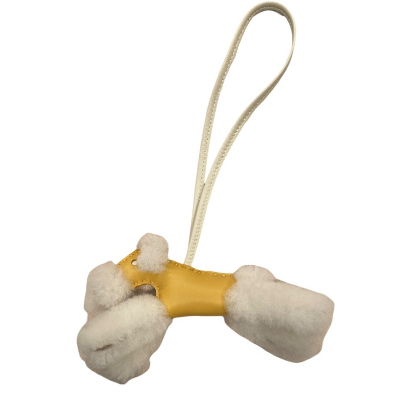 HERMES 愛馬仕 BUDY 毛絨狗狗吊飾 皮革 芝麻色-0