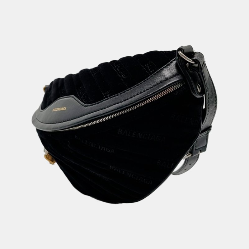 BALENCIAGA Souvenirs黑色絲絨斜挎包腰包/胸包金色銀色五金-2
